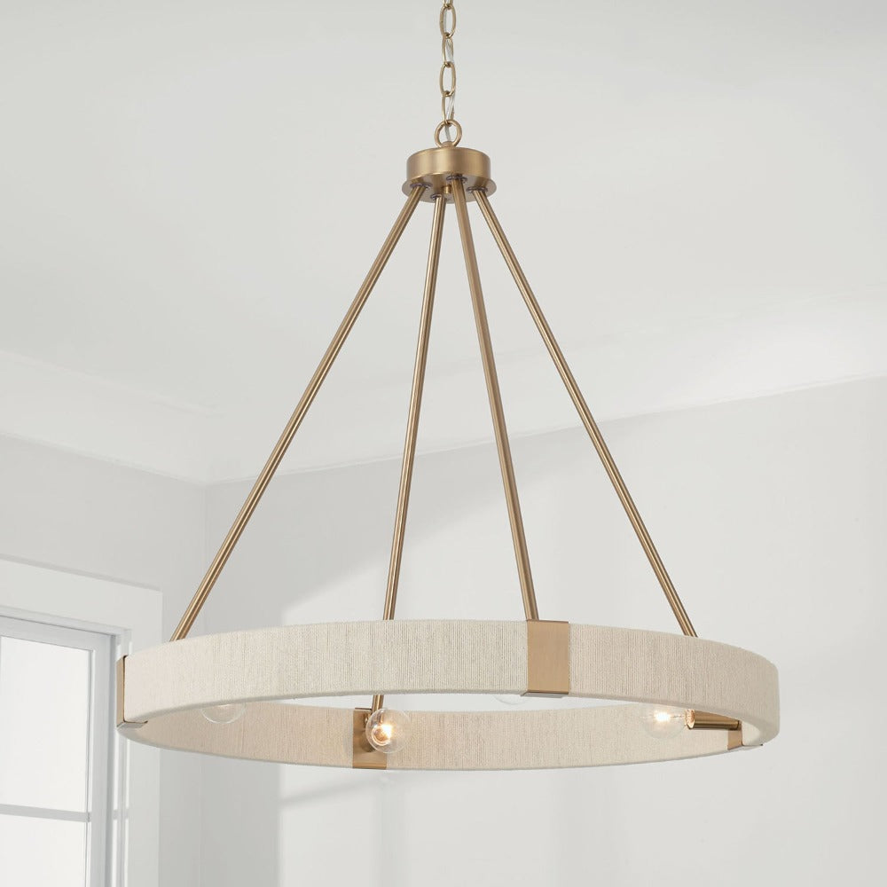 4-Light Amanda Chandelier, Bleached Hand Woven and Matte Brass, Chandelier 