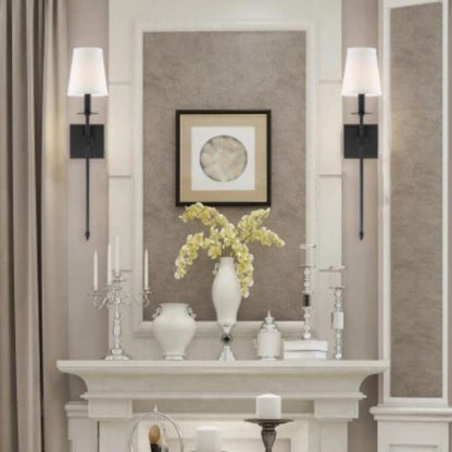 Lifestyle Shot of Monroe Sconce, 1-Light Wall Sconce, Classic Bronze, White Fabric Shade