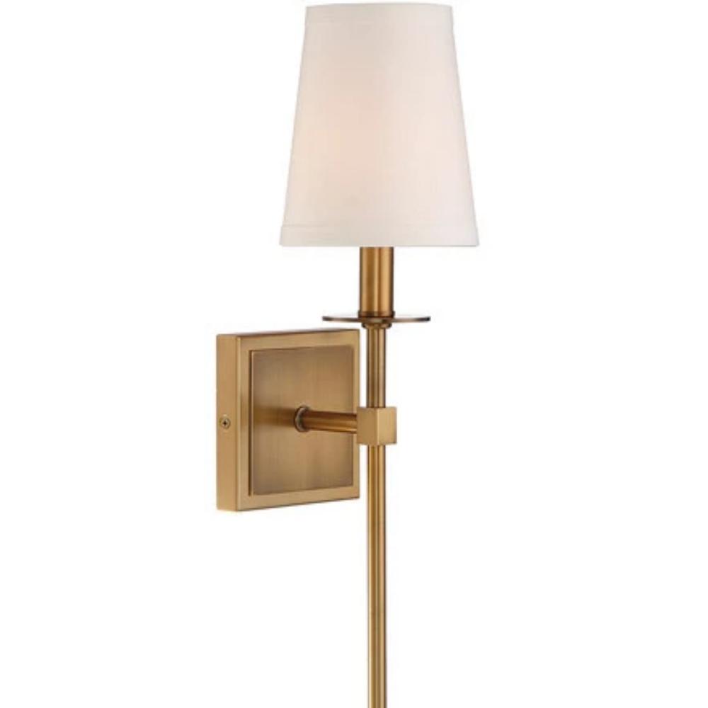 Small Monroe Sconce, 1-Light Wall Sconce, Warm Brass, White Fabric Shade